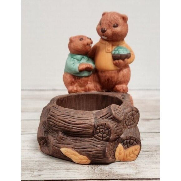 Avon Tea Light Holder Fireside Friends That Beaver Family On Log Votive Candle - Picture 1 of 11